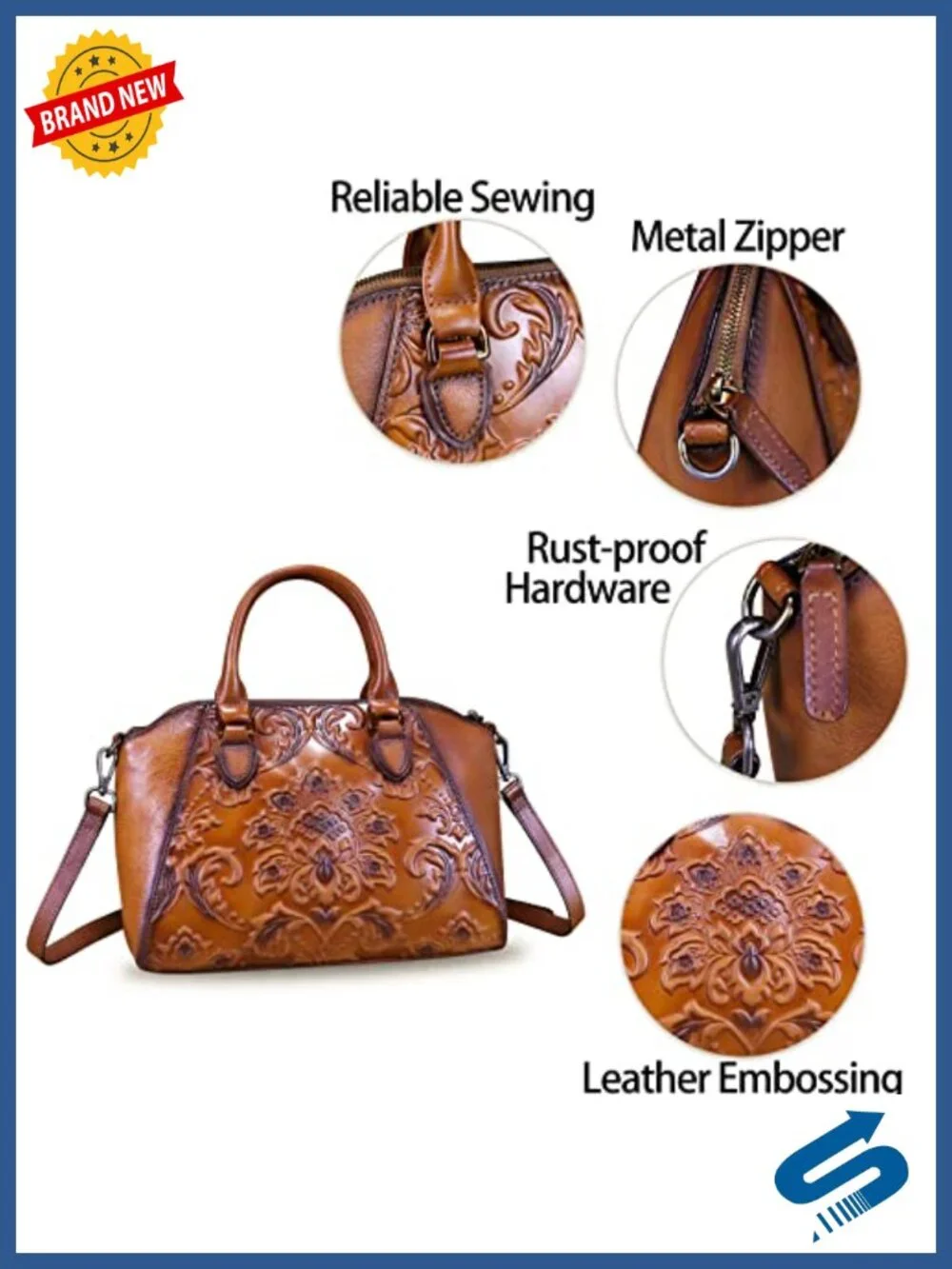 Genuine Leather Embossed Hobo Satchel Crossbody Bag with Adjustable Strap